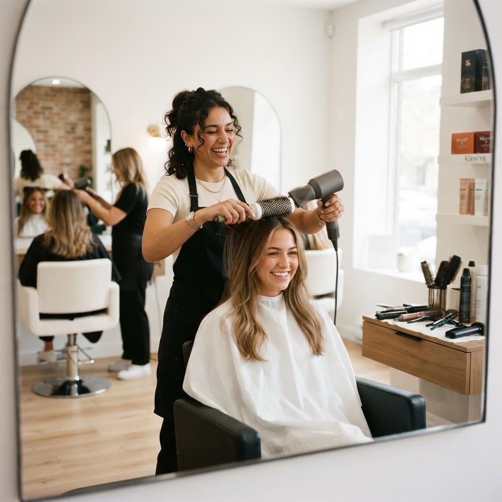 Hairstylist in a bright modern salon styling a client's hair, both smiling