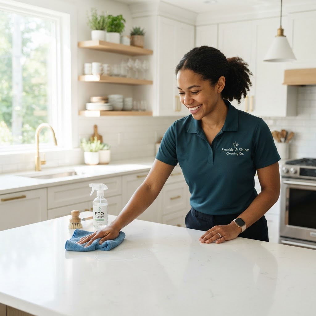 Professional cleaner wiping a bright modern kitchen counter, smiling