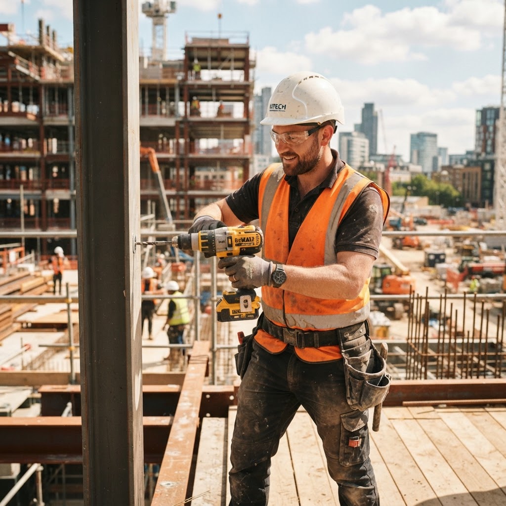 Construction worker in hard hat using a power drill on a building frame