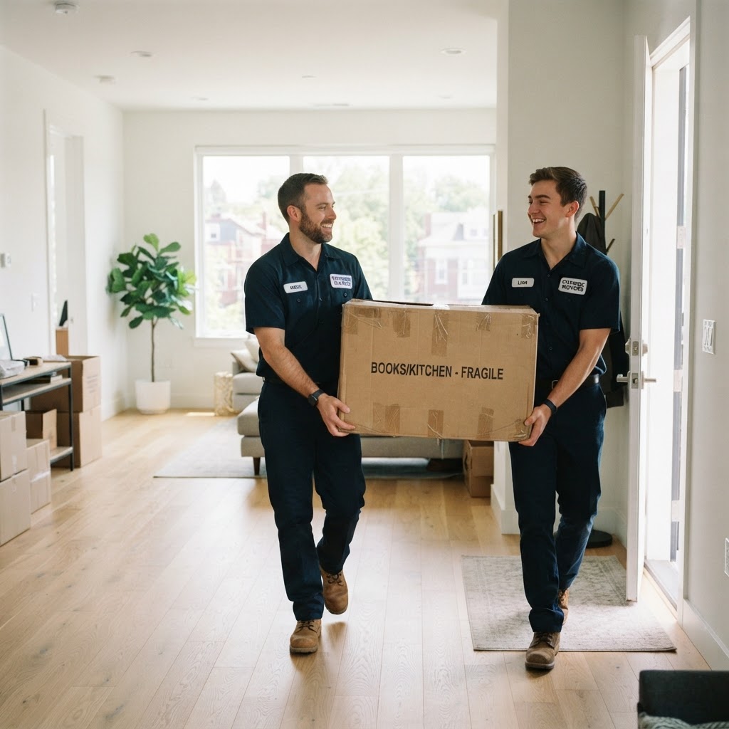 Two movers in blue uniforms carrying a cardboard box into a bright apartment
