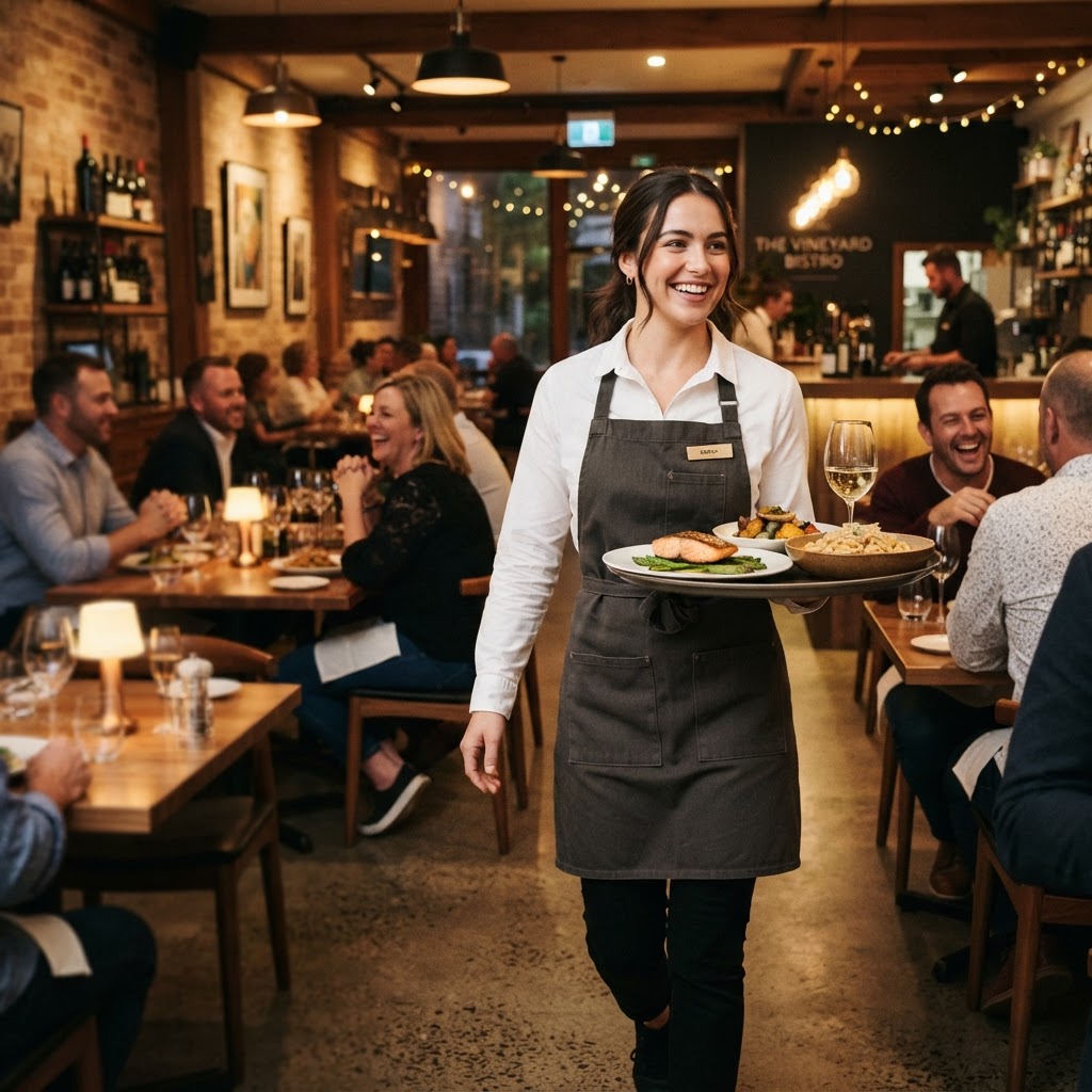 Restaurant server in white shirt smiling while holding a food tray