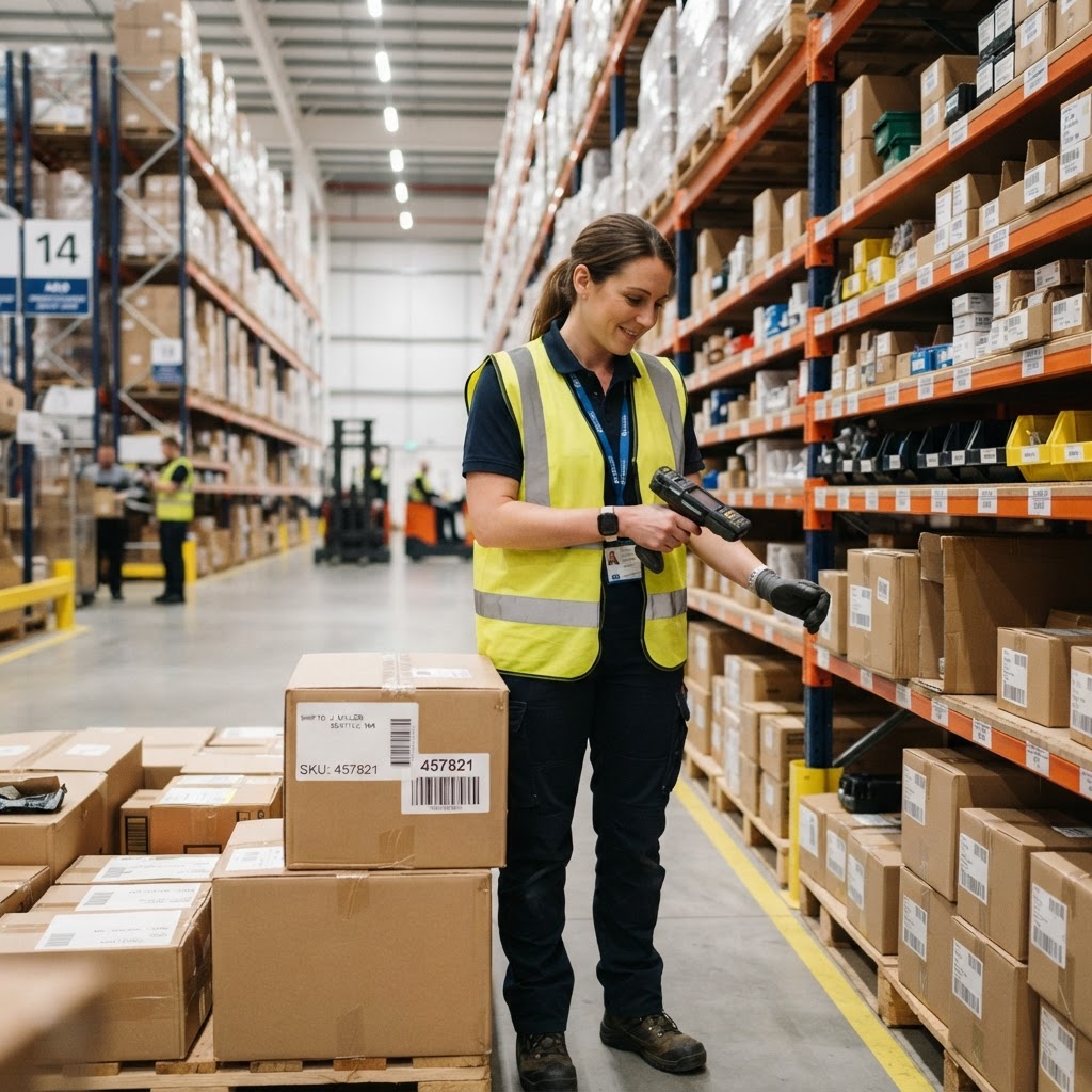 Warehouse worker in yellow safety vest scanning a barcode on a box
